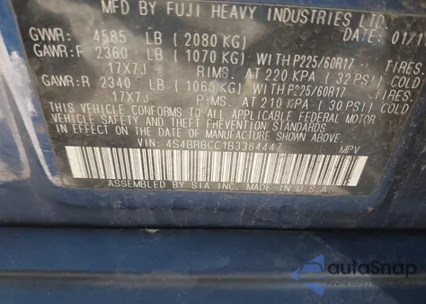 2011 Subaru Outback 2.5I Premium from USA, damaged, VIN 4S4BRBCC1B3384447